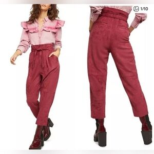 FREE PEOPLE 8 Nightfall Vegan Suede Pants Pomegranate High Waisted Paper Bag Vtg
